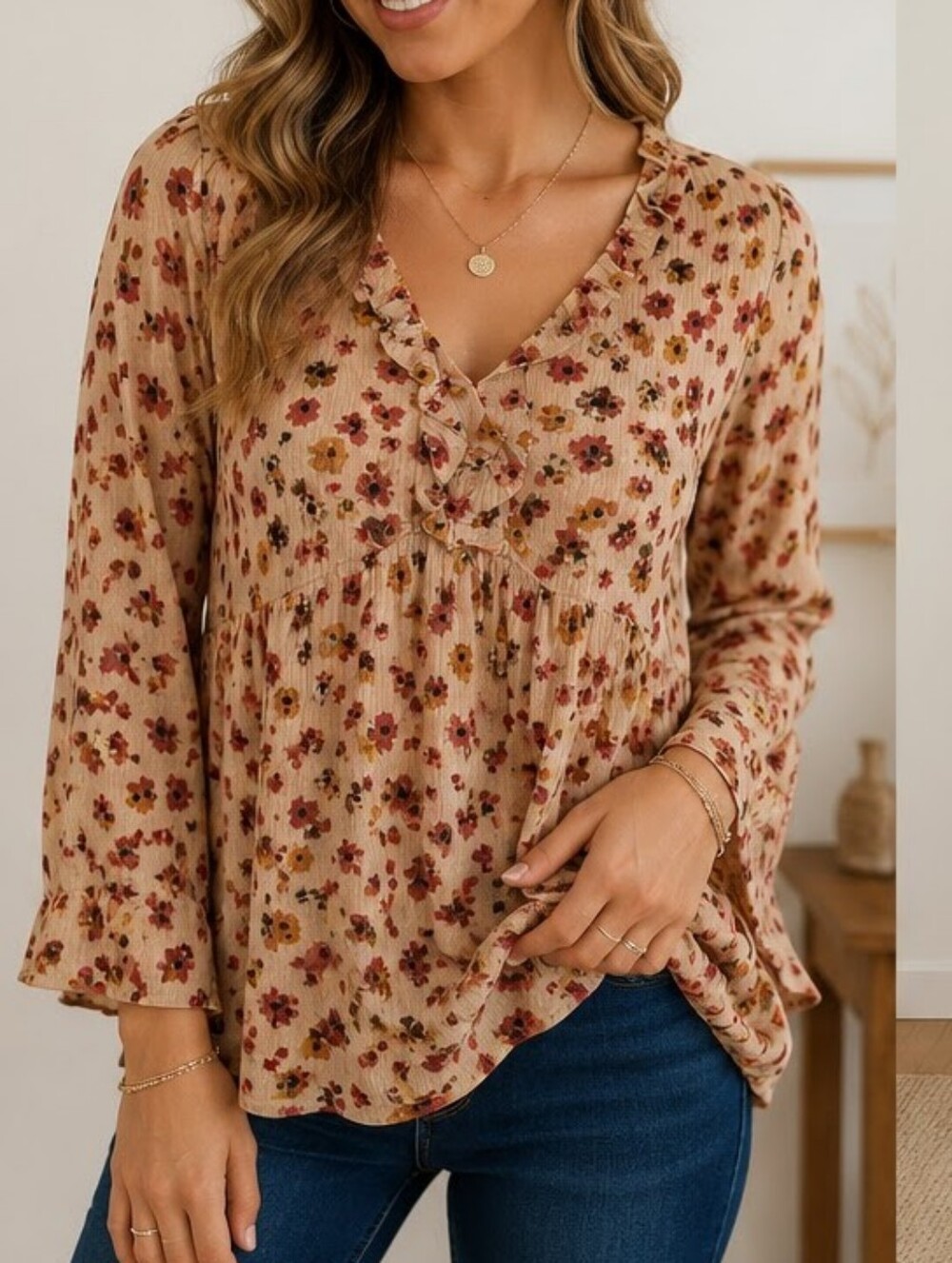 Easel Top Boho 70s Floral Ruffle Blouse Crinkle Flowy Tan Brown Rust M